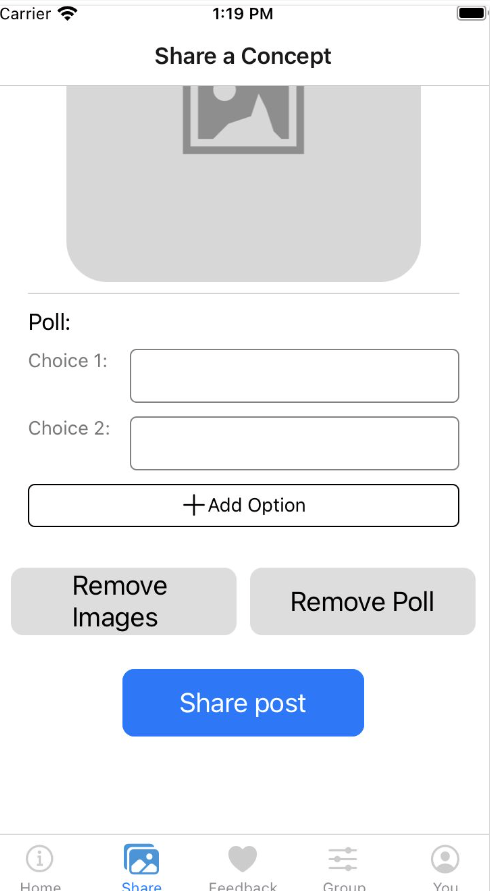 Peerdea screen showing how to share a concept with a poll